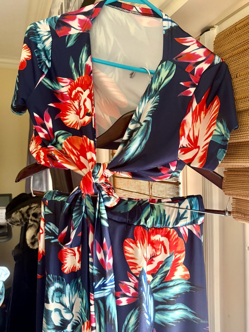 Navy Floral Two Piece Maxi Dress with High Side Slit and Tie Crop Top - Picture 3 of 5